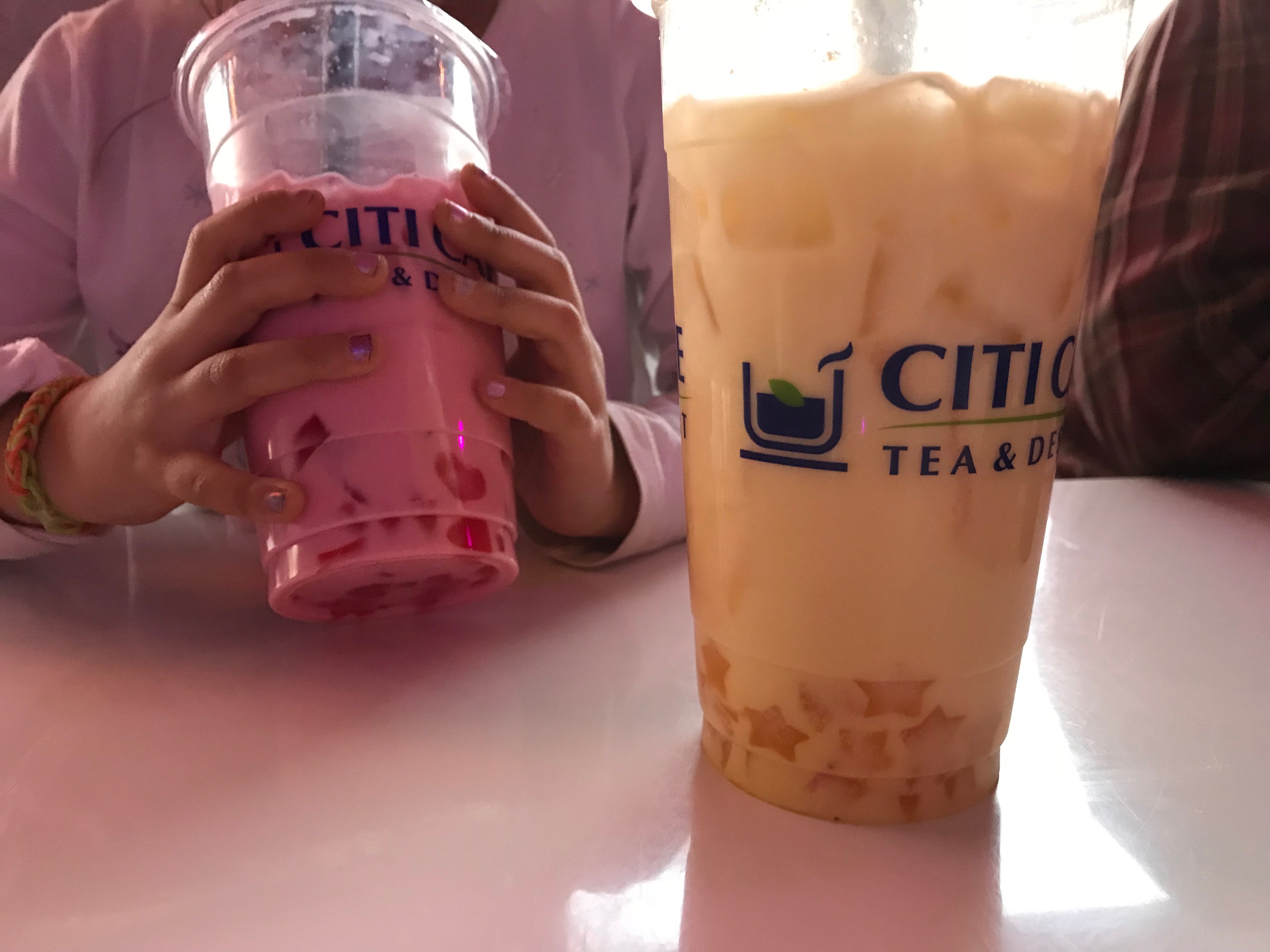 Milk teas - strawberry with jelly hearts and mango with jelly stars